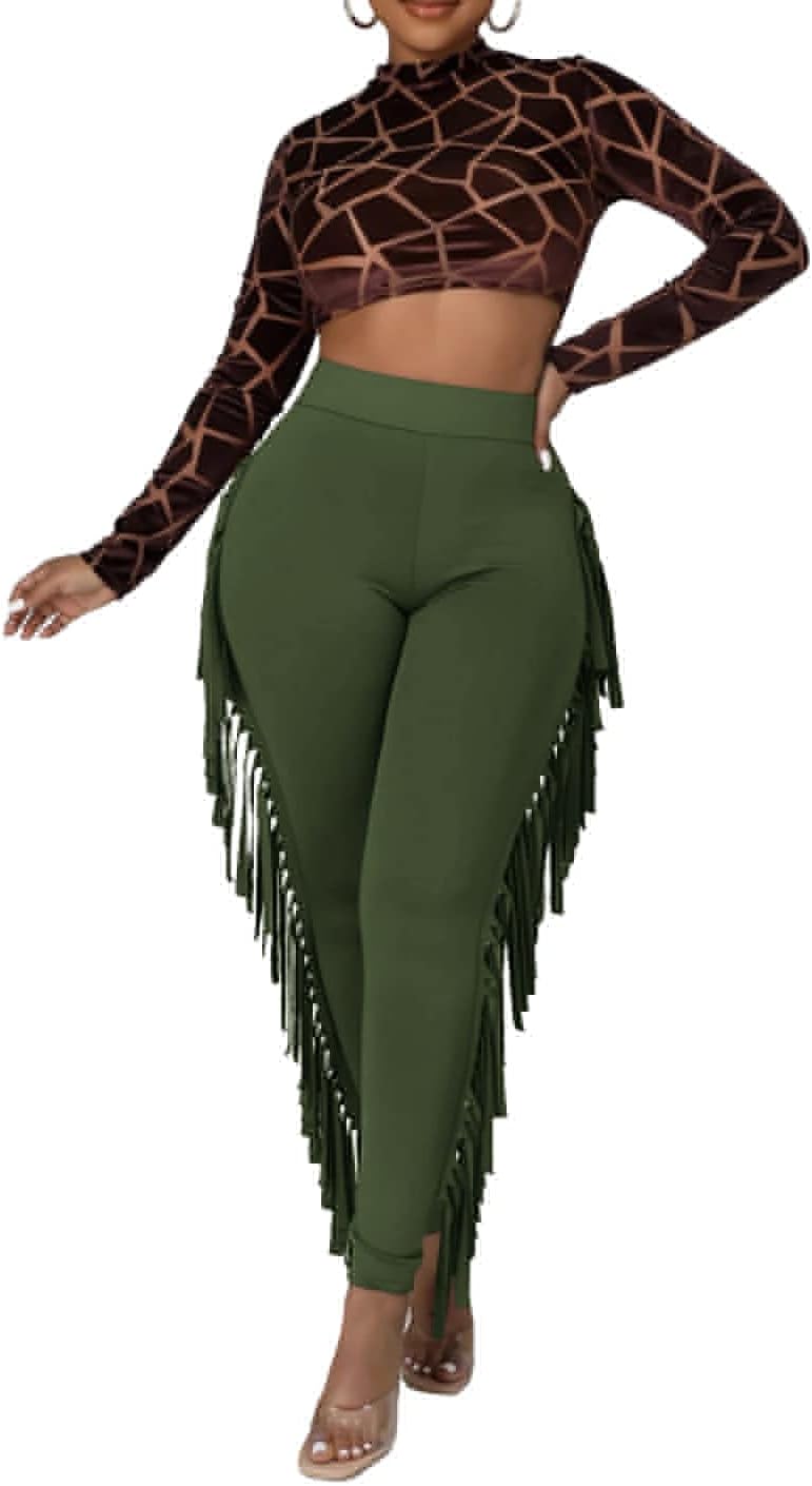 Choichic Women's Casual High Waist Fringed Pants With Elastic Waist - Bodycon Tassels Side Long Jogger Sweatpant - Image 2