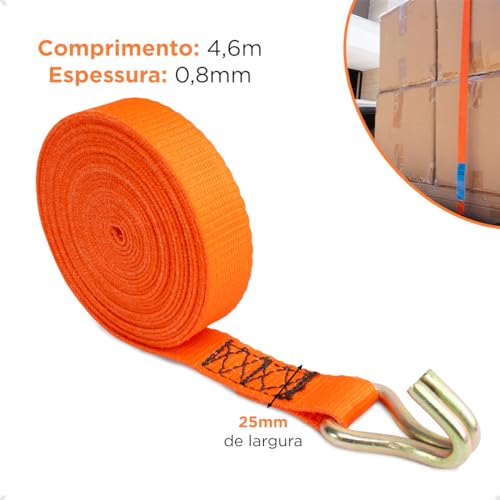 Kit 04 Cinta Catraca Amarração Carga Pallet 800kg 4,6 Metros Gancho (Laranja)
