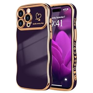 LCHULLE for iPhone 14 Pro Max Case for Women Girls, Cute Wave Frame Curly Shape with Love Heart Raised Camera Protection Cover Luxury Plating Shockproof Phone Case for iPhone 14 Pro Max, Dark Purple