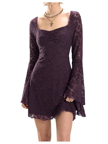 Image of WDIRARA Women's Floral Jacquard Mesh Gothic Dress Bell Long Sleeve A Line Vintage Dresses | Mesh fabric, A-line, vintage