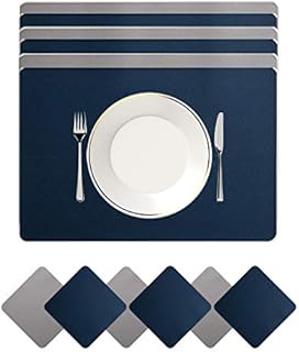 Placemats And Coaster Sets 6, Waterproof Non-Slip Place Mats Set Of 6 And Double Thickened Dining Table Mats, Washable Leather Coasters and Placemats for Dining Table (Blue+light gray)
