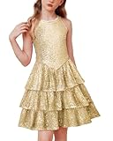Girls Sequin Dress Size 8-10 Gold Halter Fancy Layer Prom Pageant Birthday Party Christmas Sparkle Fashion Dress