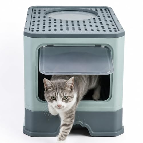 Image of Foldable Covered Cat Litter Box with Anti-Spill Tray | Easy Cleaning | Spacious Design | Top and Side Openings | Color May Vary