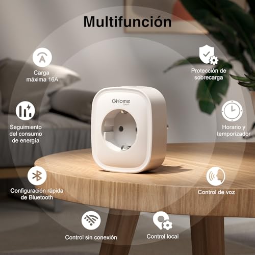 Miniatura 5 de Ghome Smart Enchufe Inteligente, 16a Enchufe Wifi Medidor De Consumo, Compatible Con Alexa Y Google Home, Tomada Inteligente Programable Con Temporizador, Control Por Voz Y App, 3680w,Solo 2.4ghz Wifi