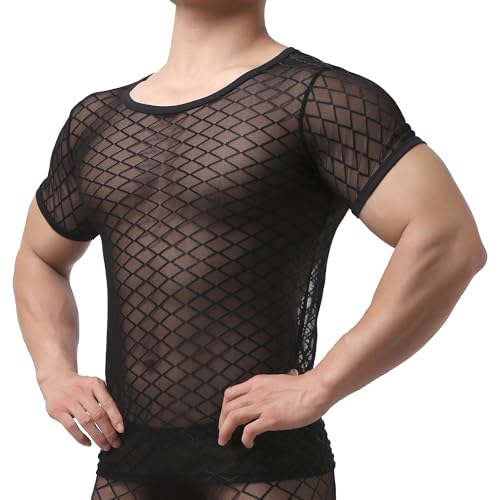 Crongless Herren Sexy Transparent T Shirt, Net Kurzarm Shirts Netzshirt Glatt Gaze Slim Fit Tops Reizwäsche Schwarz (DE/NL/SE/PL, Alphanumerisch, M, Regular, Regular)