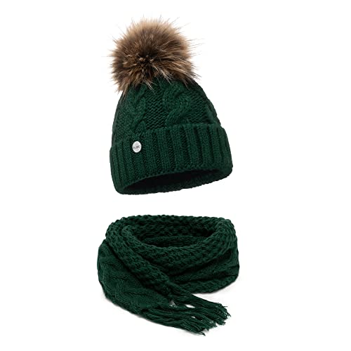 ELIMELI® Bonnet d'hiver pour femme avec pompon en fourrure,Doublure en polaire,Bonnet chaud pour femme, Vert foncé - Bonnet avec écharpe, taille unique Cover