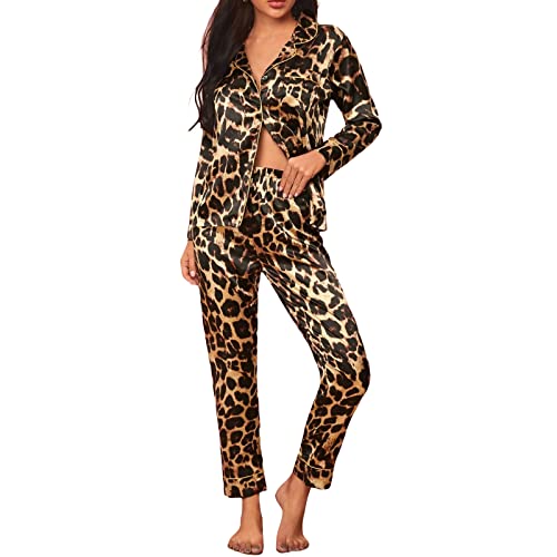 Loalirando - Conjunto de pijama para mujer de 2 piezas de raso y ropa de dormir chic elegante, Marrón Leopardo D, L