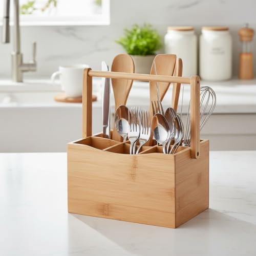 Deconox Bambu Taşıma Kulplu Çok Amaçlı Düzenleyici - 6 Bölmeli Çatal Bıçaklık | Ofis, Banyo ve Masaüstü Caddy Organizer (21.6x14x12.7 cm) - Görsel 1