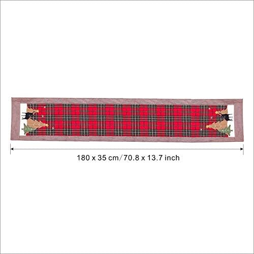 Baogaier Christmas Table Linen 35x180 cm Double Layers Buffalo Plaid Embroidered Table Cloth, Xmas Table Runner Cotton for Holiday Christmas Home Tablecover Decorations - Red & Green