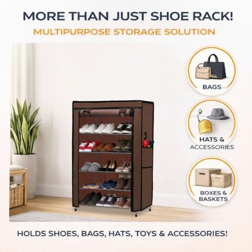 Image of Metal Shoe Stand with Cover, 5 Tier Shoe Organizer for Home & Office - Brown