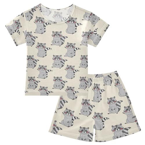 Cartoon Raccoon Beige Pajama Set Short Sleeve Summer Pajamas Shorts Sets PJ Clothes Set Soft 5Y