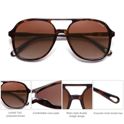 SOJOS Retro Polarized Aviator Sunglasses Womens Mens Classic 70s 80s Vintage Trendy Square Aviators SJ2174, Brown Tortoise/Gradient Brown