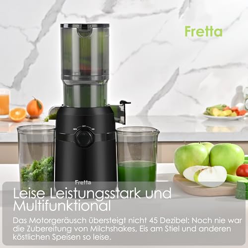 Fretta Entsafter,Slow Juicer mit 108MM Breite und Größere Fütterungsröhre,Füllvolumen für ganze Gemüse und Obst,BPA-frei Tritan-Material Entsafter,Einfacher Installation,200W