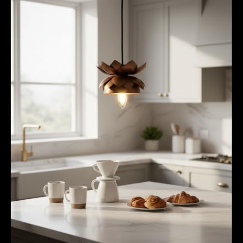 Image of Lotus Pendant Light | Premium Metal Hanging Lamp with E27 Holder | LED Compatible Ceiling Light for Dining, Kitchen & Entryway (Bronze)