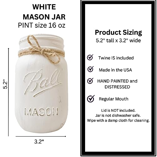 Hand-Painted 16 oz White Mason Jar – Distressed Rustic Decor for Farmhouse Style Pen Holder or Mini Flower Vase – Chic Centerpiece for Desk and Tiered Trays - Image 8