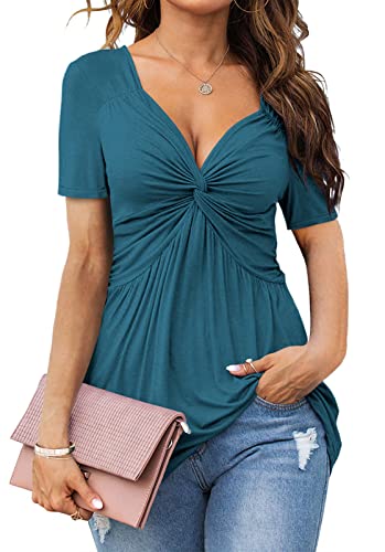 Image of Tankaneo Womens Front Knotted V-Neck Blouse T Shirt Short Sleeve Oversized Tunic Tops Summer Solid Pullover Tees