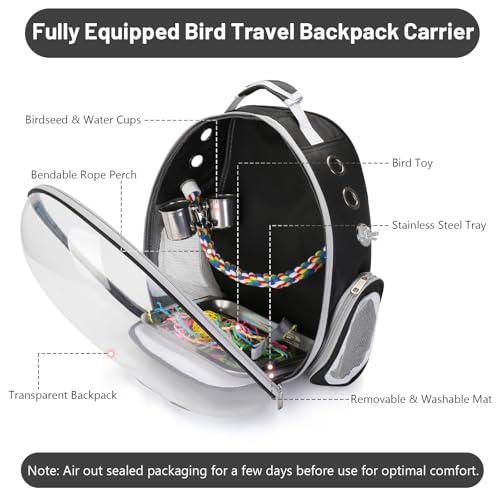 Image of Bird Backpack Carrier, Travel Bird Cage for Small Medium Size Parrot Parakeet Budgies Cockatiel, Portable Clear Bubble Window Bag with Stainless Steel Tray Food Bowl Standing Perch (Black)