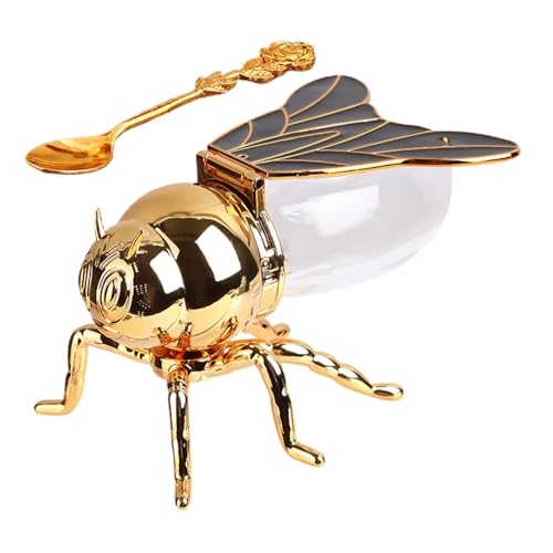 Genérico Bee Shaped Honey Jar, Creative Syrup Sugar Container with Spoon, 5.91x3.94x3.54 Inches, Decorative Seasoning Bowl, Golden Dispenser for Kitchen Counter, Tea, Dessert, Coffee Table