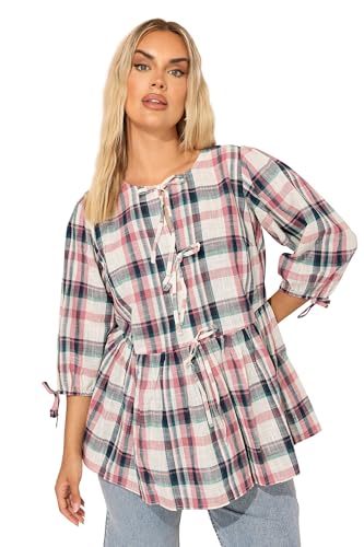 Image of Yours Curve Pink & Navy Check Tie Front Peplum Top - Women's - Plus Size Curve