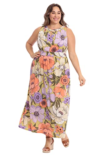 London Times Women's Plus Size Spaghetti Halter Maxi Dress With Keyhole, Citronella/Lilac #TOP13