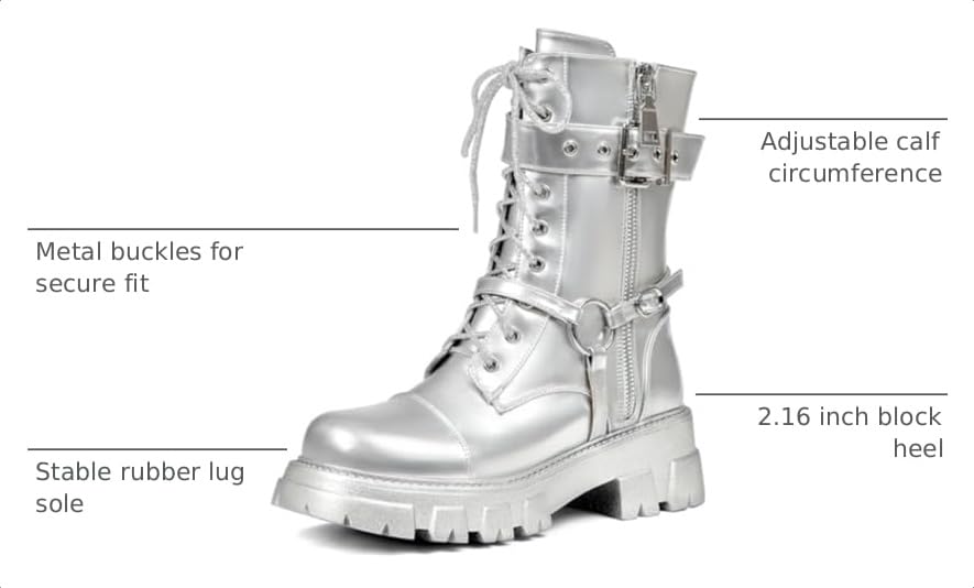 Image of Women Harness Motorcycle Biker Boots Steampunk Combat Boots Chunky Mid Calf Goth Boots Lug Sole Lace up Side Zipper