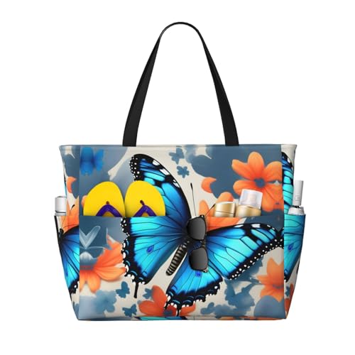 Sac à bandoulière imperméable imprimé papillon bleu grand sac noir