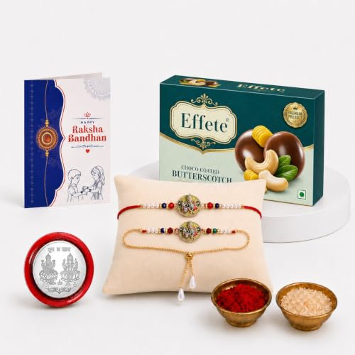 DeoDap Rakhi with Chocolate for Brother – Silver Color Ganesha Design Rakhi with Butter Scotch Chocolate 96 Gm, Greeting Card, Silver Color Coin & Tilak Set – Raksha Bandhan Combo for Bro (K1_1250_BS)