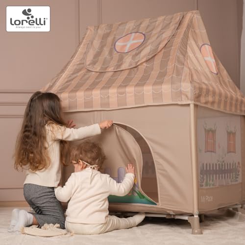 Lorelli Baby Laufstall My Place mit Dach, kleiner Laufgitter 100x100 cm, Absperrgitter mit atmungsaktivem Netz, Schutzgitter mit Reißverschlusstür, faltbarer Krabbelgitter, Beige