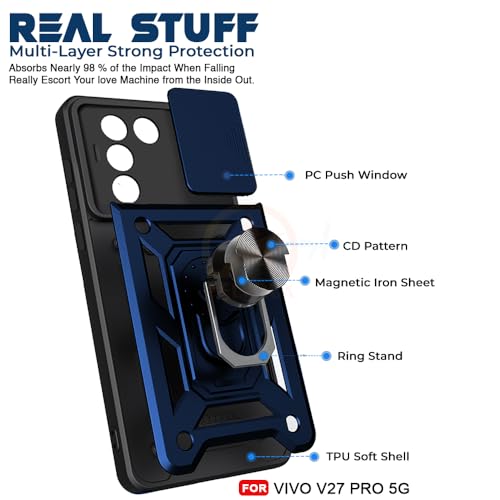 Image of Armor Bumper Back Cover Case for Vivo V27 / V27 Pro 5G | Rotating Camera Cover, Ring Holder & Kickstand | Heavy Duty & 360 Degree Protection Vivo V27 / V27 Pro 5G Back Cover (Blue)