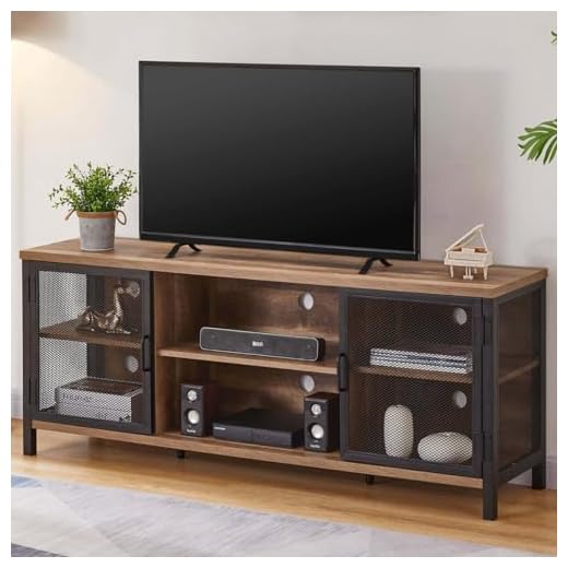 FATORRI Industrial Entertainment Center for TVs up to 65 Inch, Rustic Wood TV Stand, Large TV Console and TV Cabinet for Living Room (60 Inch Wide, Rustic Oak)