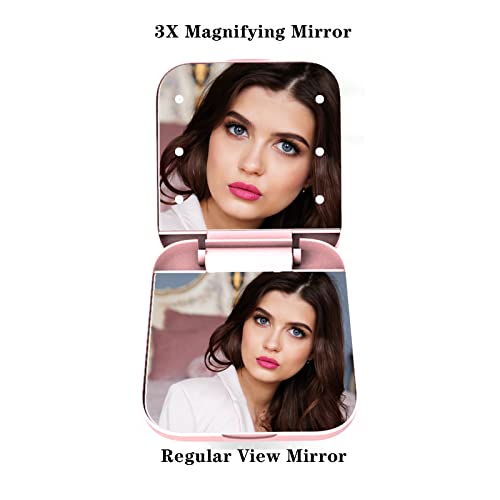 Pocket Mirror, 1X/3X Magnification Compact Travel Makeup Vanity Mirror With Led Lights, Purse Mirror, Portable, Folding Handheld Double-Sided Mirror, Small Lighted Compact Mirror For Gift, Pink #TOP1