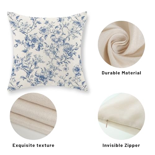 Blue Pillow Covers 20x20 Set of 2 Blue and Cream Floral Chinoiserie Throw Pillows Vintage Rustic Toile Flower Decorative Pillow Cases Outdoor Chinoiserie Decor Cushion Case for Couch Bed Sofa by GOLIANDA - Used condition - Image 7