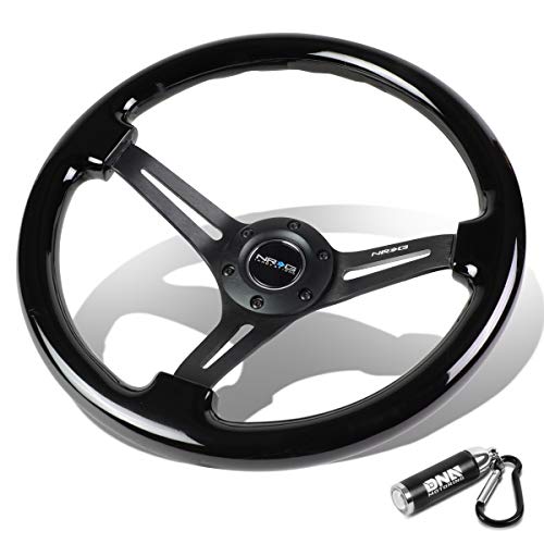 NRG Innovations Reinforced RST-018BK-BK 350mm Black Colored Wood Steering Wheel + LED Keychain Flashlight