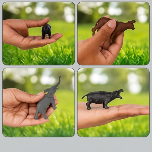 Image of 6-Pcs Small Jungle & Forest Animal Toy Set for Kids | Full Action Wild Animal Figures - Cartoon Lion, Tiger, Elephant |Miniature Zoo Animals for Boys & Girls Age 2-5 Years | Pretend Play Set
