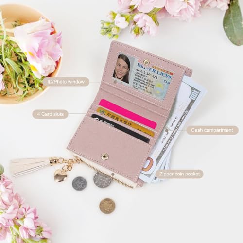 Image of KOTORA Womens Small Wallet Girls Tiny Slim Wallets Pretty Mini Card Holder Thin Short Zip Coin Purse with Love Pendant and Tassels (Beige)