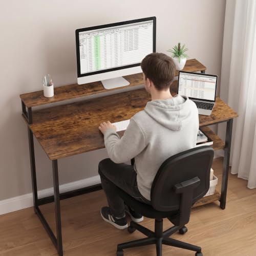 Image of Study Table with Monitor Stand| Small Home Office Desk with Ergonomic Monitor Stand| Reversible Computer Desk| Modern Study Desk| Laptop Desk| Rustic Brown| 150x60x75 CM