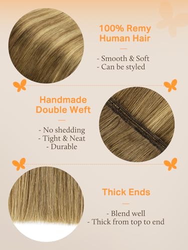 Image of DOORES Sew In Hair Extensions Real Human Hair, 22 Inch 110g Medium Brown Highlighted Dirty Blonde, Weft Hair Extensions, Real Human Hair for Women