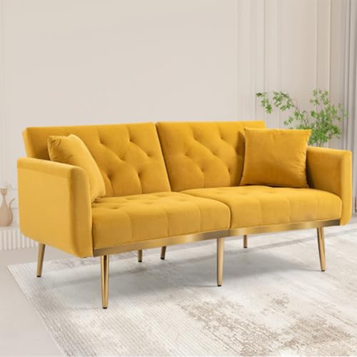 Nowoczesna aksamitna sofa, 2-osobowa sofa, tapicerowane krzesło ze złotymi metalowymi nogami, swobodne krzesło wypoczynkowe, do salonu, sypialni, domowego biura, recepcji,Yellow