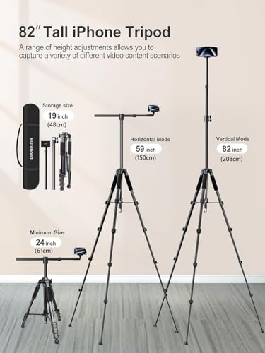 Image of elitehood Phone Tripod for Overhead Video Recording - Updated Horizontal 59-inch Adjustable Tripod for iPhone with 25in Long Extendable Arm, 360 Rotation iPhone Stand Holder for Overhead Recording