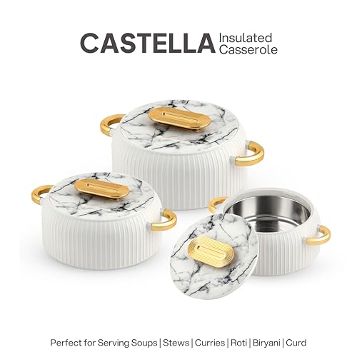 Image of CELLO Castella Insulated Steel Casserole Set of 3 Pcs (1000ml, 1000ml, 1500ml) Gold White | Airtight Lid Hot Pot Case Keeps Food Hot & Warm for Long Hours, Casserole Set for Roti Chapati Rice Biryani
