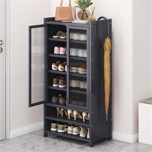 Meuble à chaussures autoportant en bois bleu et rotin pour chambre et salon