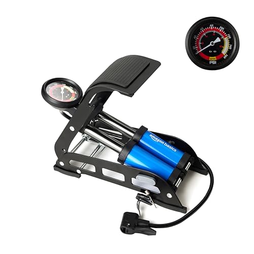 Image of Amazon Basics Foot Operated Tyre Inflator|160 PSI Double Cylinder Portable Foot Air Pump|Rapid Inflation|Hands-Free|Pumping for Car, Bike, Cycle, Balls, Mattresses & More, Black and Blue