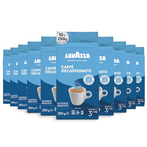 Lavazza, Caffè Decaffeinato, Café Molido Natural Descafeinado,10 x 250g, para Cafetera Italiana, de Filtro y Francesa, con Notas de Frutos Secos, Arábica y Robusta, Intensidad 3, Tueste Medio