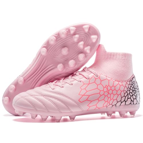 DGJG Youth Soccer Cleats Boys Girls High-top Football Cleats Lightweight Ankle-high Soccer Shoes Non-Slip Training Futsal, Tacos de Futbol para Hombre, Pink/Black/Silver, 8 Big Kid