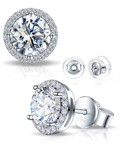 SAYATA Moissanite Halo Stud Earrings for Women & Men, Hypoallergenic 925 Sterling Silver Stud Earrings, 1.0-2.0ct