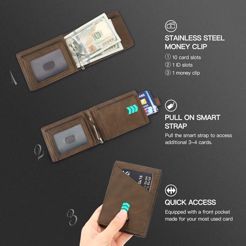 SENDEFN Slim Wallet for Men with Money Clip RFID Blocking Bifold Genuine Leather Minimalist Card Holder with ID Window （coffee）4