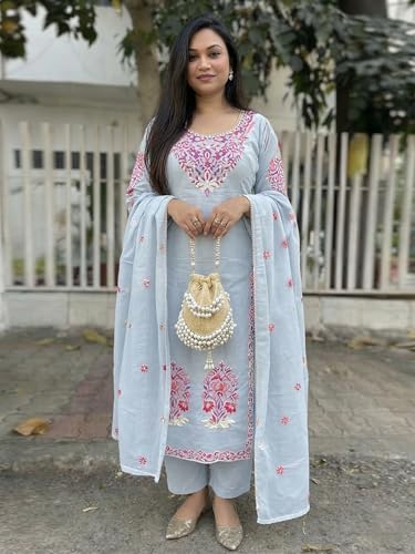 Image of GoSriKi Kurta Sets for Women Viscose Embroidered | Kurta Pant Dupatta Set | Straight Kurti Set for Women | Round Neck 3 /4 Sleeve Ethnic Suit | Designer Indian Kurti Outfit with Pants