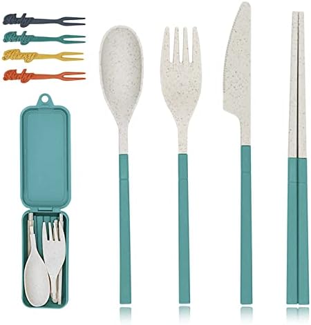 Travel Cutlery Set with Case, Detachable & Portable Flatware Reusable Plastic Spoon Forks Knife Chopsticks Pocket Sized Camping Utensil Set | Perfect Match for Daily Use or Outdoor Dining-Green