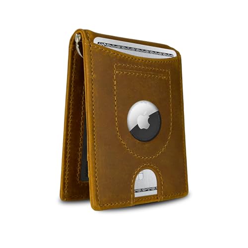 Premium Leather AirTag Wallet for Men – Slim Front Pocket Bifold with Built-In AirTag Holder – Soft Crazy Horse Leather, RFID-Blocking, and Durable Everyday Carry Design