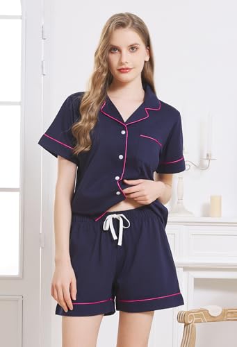 Image of HEARTNICE Pajamas for Women, Button Down Pajama Shorts Set Summer Solid Pjs Sets
